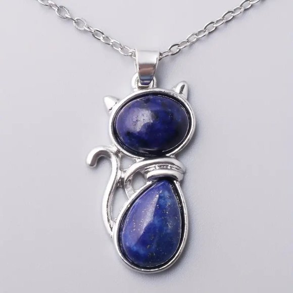 Lapis Lazuli Natural Stone Cute Cat Pendant Necklace - Picture 5 of 5